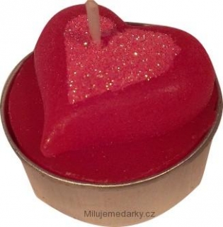 Malá červená čajová svíčka ve tvaru srdce s lesklým srdcem, balení 6 ks