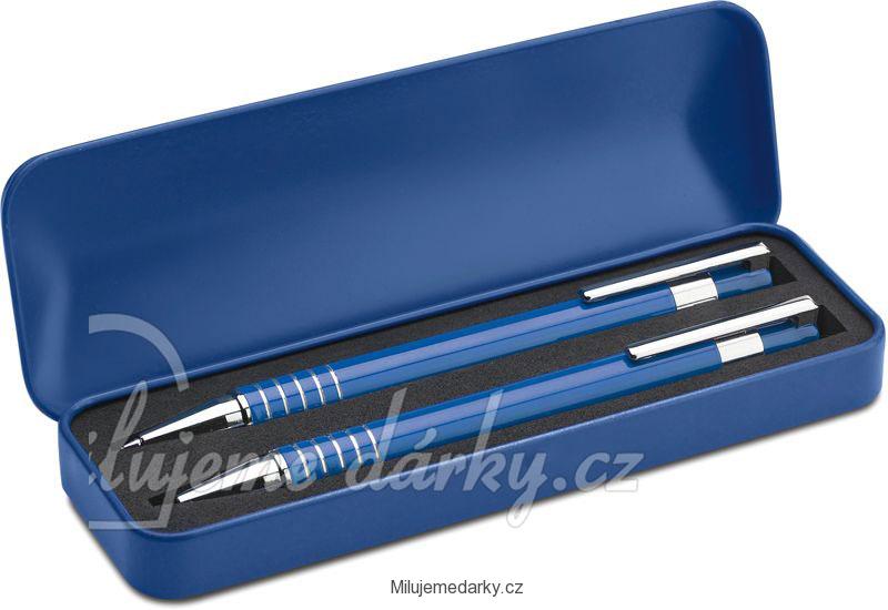Modrá sada pera a mikrotužky v kovovém boxu