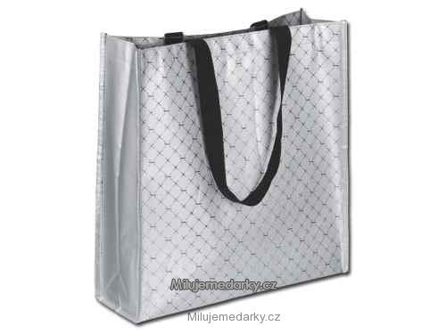 Nákupní taška z netkané textilie stříbrná lesklá s potiskem loga Santini