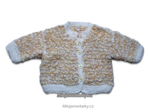 ručně pletený dětský plastický svetr bílo-žlutý, zapínání na knoflíky, vel.62