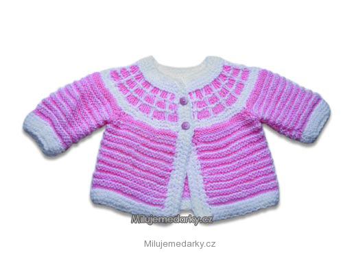 ručně pletený dětský svetr pruhovaný růžový se sedlem, vel.62