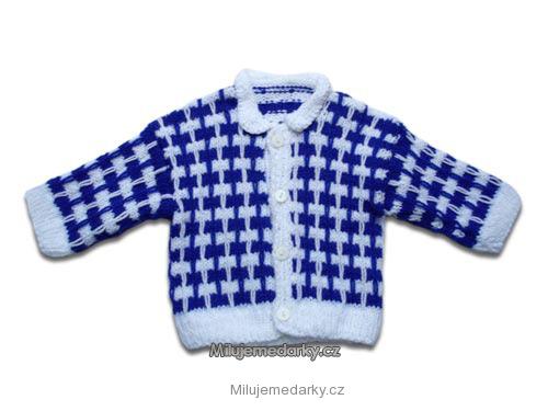 ručně pletený dětský svetr modro-bílý s plastickými obdelníky, velikost 62