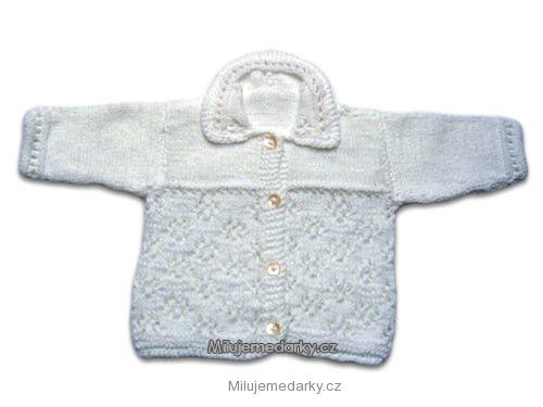 ručně pletený dětský svetr bílý s děrovaným vzorem a límečkem, vel.62