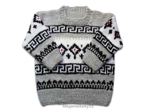 ručně pletený dětský šedý svetr s norským vzorem, velikost 86