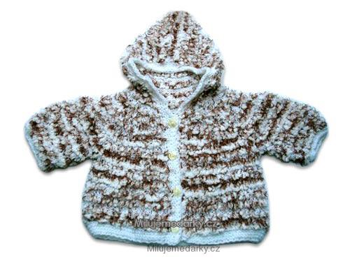 ručně pletený dětský svetr bílo-hnědý s kapucí, velikost 74