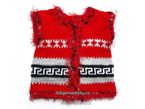 ručně pletená dětská červená vesta s norským vzorem - vel.68