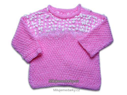 ručně pletený dětský svetr růžový s plastickým sedlem, velikost 74