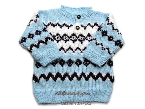 ručně pletený dětský světle modrý svetr s norským vzorem, vel.62
