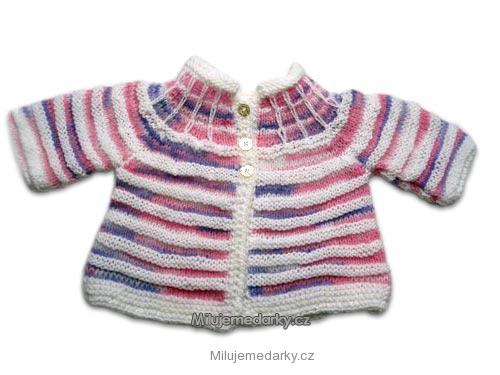 ručně pletený svetr, raglánový rukáv, pruhy v barvě růžová-fialová-bílá, vel.62