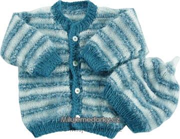 ručně pletená modro - bílá sada dětského svetru a čepičky pletená do pruhů - 74
