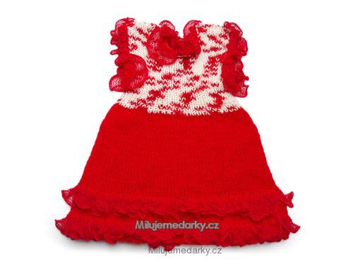 ručně pletené šaty s bílo červeným sedlem a krajkami - 68