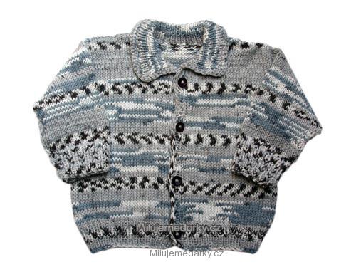 ručně pletený svetr pruhovaný šedo-modrý, rozepínání na knoflíky- 74