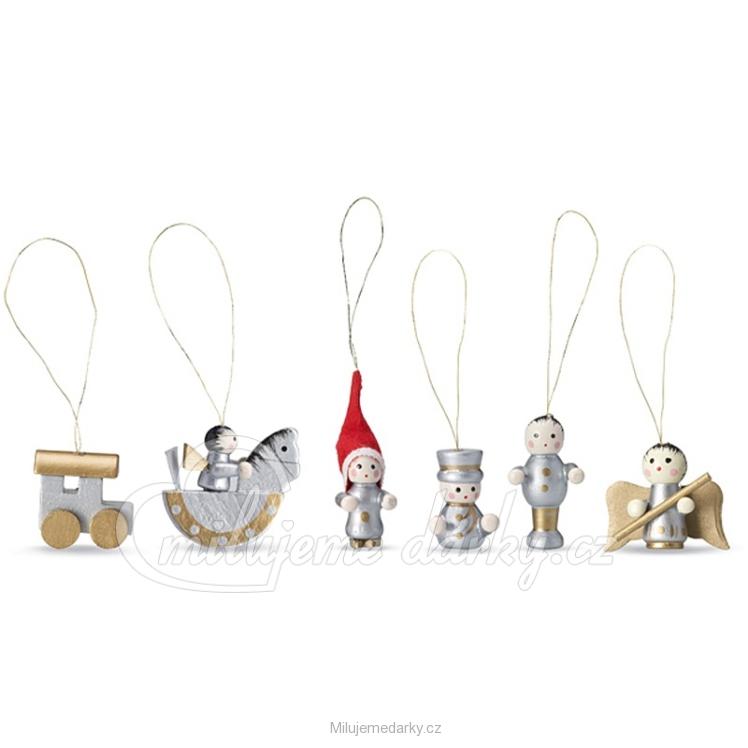 Miniaturní dřevěné vánoční ozdoby ve tvaru figurek, sada 6 ks