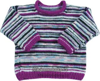 ručně pletený dětský svetr fialovo-bílý s tenkými proužky, vel.80