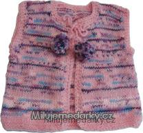 dětská růžová ručně pletená vesta s bambulemi, vel.74