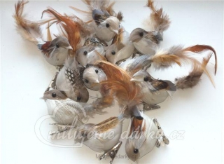 Dekorační ptáček vrabec šedo-hnědý malý, balení 12 ks