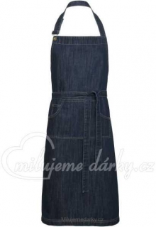 Klasická dlouhá modrá džínová zástěra s laclem a ozdobnými kapsami 