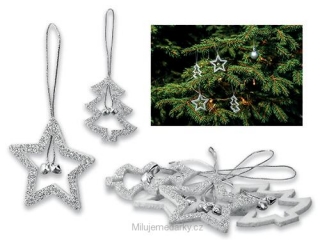 Vánoční stříbrné ozdoby s glitry ve tvaru stromku a hvězdy, stříbrná, 4ks 