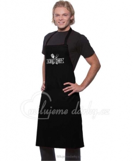 GRILL CHEF, černá kuchyňská bavlněná zástěra s laclem s potiskem