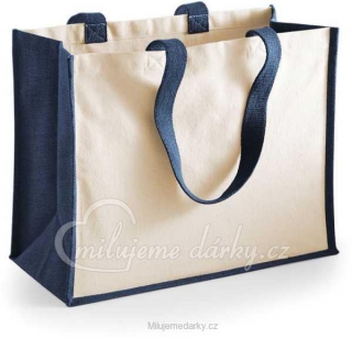 Klasická nákupní taška hladká jutová s modrými plochými držadly