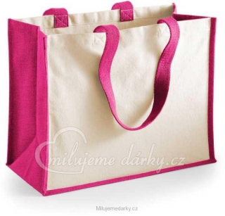 Klasická nákupní taška hladká jutová s růžovými plochými držadly