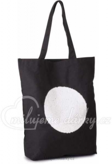 Černá pevná nákupní taška s bílými flitry a s dlouhými držadly