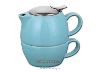 Čajová konvička s hrnkem na čaj a sítkem 2 in 1 světle modrá