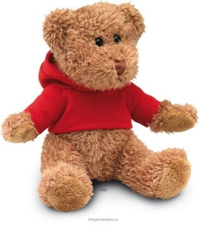 plyšový medvídek v červeném triku s kapucí
