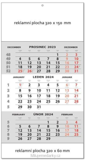 1 ks Tříměsíční nástěnný kalendář 2024 šedý STANDARD