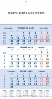 1ks Tříměsíční nástěnný kalendář 2022 modrý STANDARD
