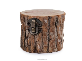 Menší přírodní dřevěná krabička ve tvaru špalíku, tmavé dřevo s kůrou