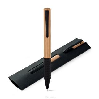 Bambusové kuličkové pero s černým kovovým klipem, papírový obal