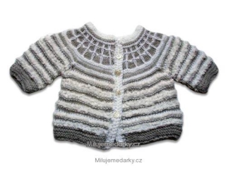 ručně pletený dětský svetr pruhovaný bílo-šedý, raglánový rukáv, vel.62