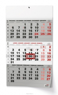 1 ks Tříměsíční nástěnný kalendář 2022 šedý STANDARD černo-šedý, s mez. svátky 