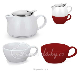 1 Bílá keramická konvička s červeným a bílým šálkem a sítkem na sypaný čaj 2 v 1