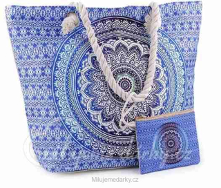 Letní / plážová taška mandala, se zipem a s taštičkou 39x50 cm, modrá
