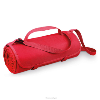 Fleecová nepromokavá cestovní / pikniková deka s popruhy, červená