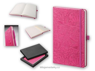 luxusní růžový zápisník s efektní ražbou slona v dárkové krabičce