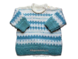 ručně pletený svetr modro-bílý pruhovaný, velikost 74