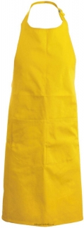 Dlouhá žlutá zástěra s laclem, sponou a 2 zaoblenými kapsami 