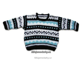 ručně pletený dětský modrý svetr s výrazným norským vzorem, velikost 74