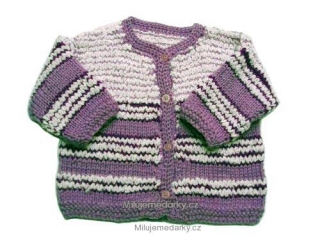 ručně pletený svetr pruhovaný fialovo-bílý na rozepínání - 68