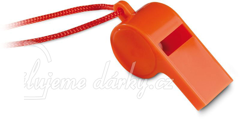oranžová plastová klasická píšťalka na šňůrce, balení 100 ks