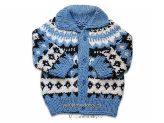 ručně pletený dětský modrý svetr s tmavým norským vzorem, velikost 86
