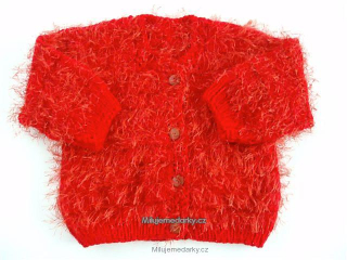 ručně pletený dětský červený svetr s třásněmi, rozepínání na knoflíky - vel.80